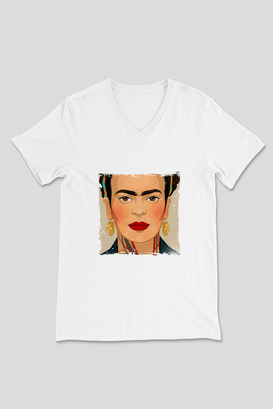 Frida Kahlo Baskılı V Yaka Unisex Beyaz Tişört