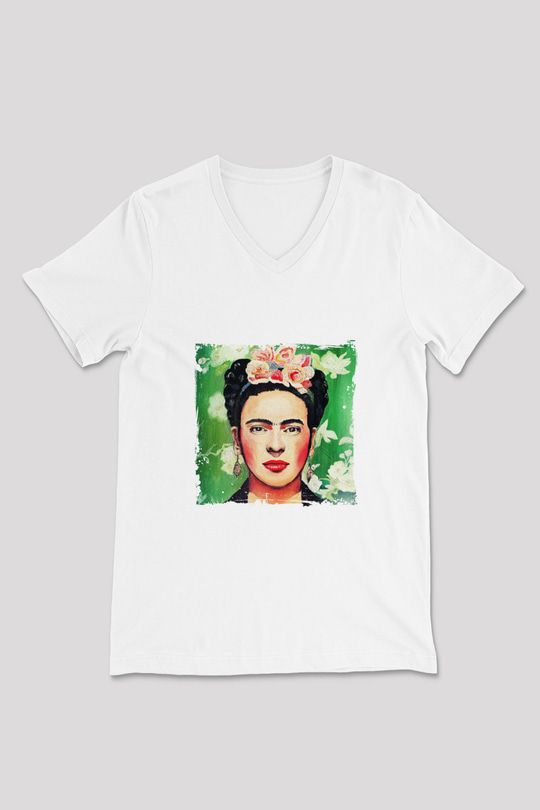 Frida Kahlo Baskılı V Yaka Unisex Beyaz Tişört