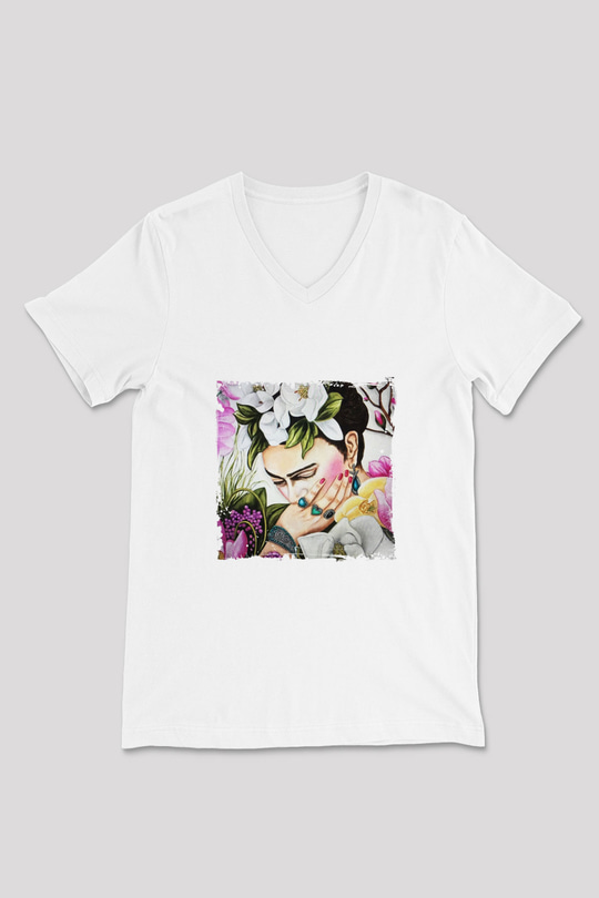 Frida Kahlo Baskılı V Yaka Unisex Beyaz Tişört