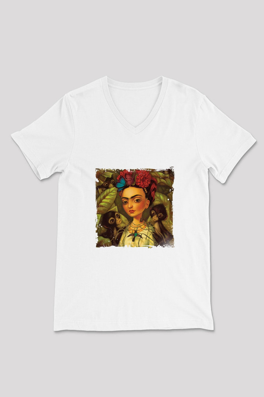 Frida Kahlo Baskılı V Yaka Unisex Beyaz Tişört