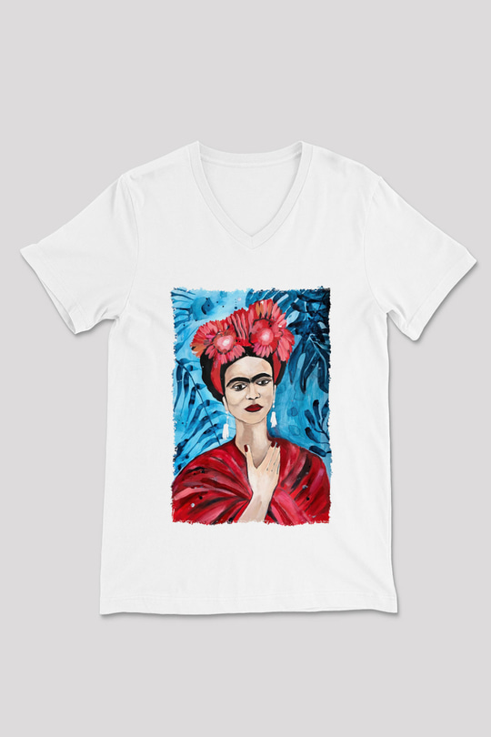 Frida Kahlo Beyaz Unisex V Yaka Tişört