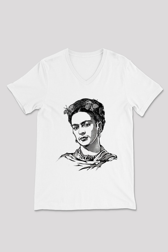 Frida Kahlo Beyaz Unisex V Yaka Tişört