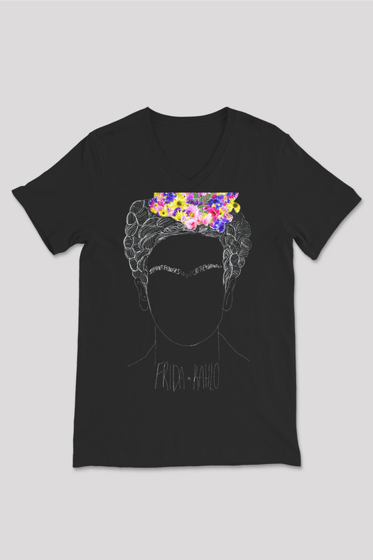 Frida Kahlo Siyah Unisex V Yaka Tişört T-Shirt