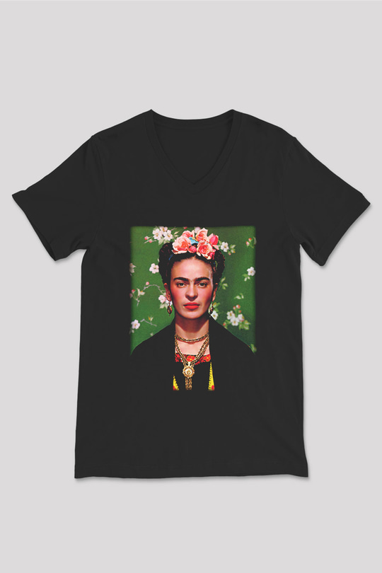 Frida Kahlo Siyah Unisex V Yaka Tişört T-Shirt