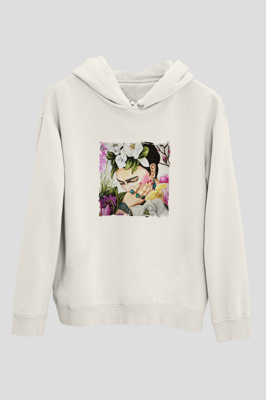 Frida Kahlo Unisex Baskılı Beyaz Kapüşonlu Sweatshirt