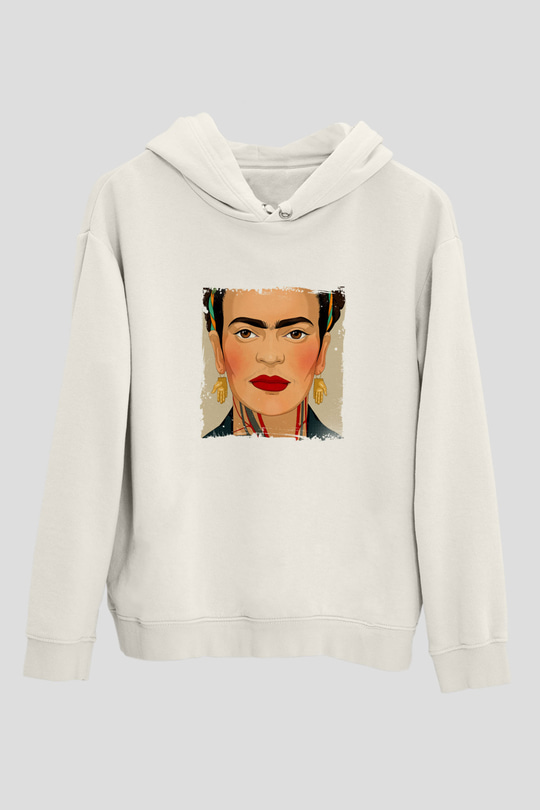 Frida Kahlo Unisex Baskılı Beyaz Kapüşonlu Sweatshirt