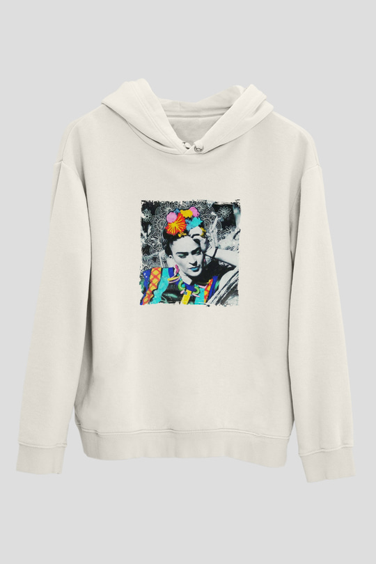 Frida Kahlo Unisex Baskılı Beyaz Kapüşonlu Sweatshirt