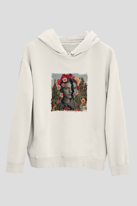 Frida Kahlo Unisex Baskılı Beyaz Kapüşonlu Sweatshirt