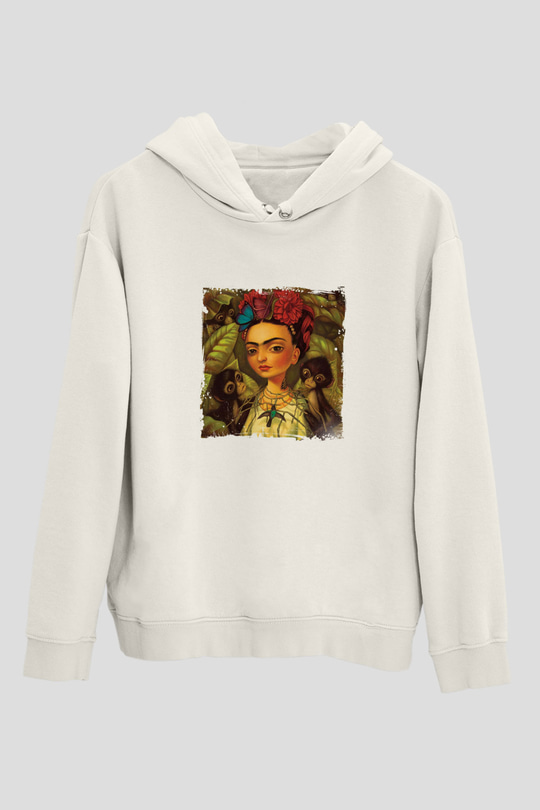 Frida Kahlo Unisex Baskılı Beyaz Kapüşonlu Sweatshirt