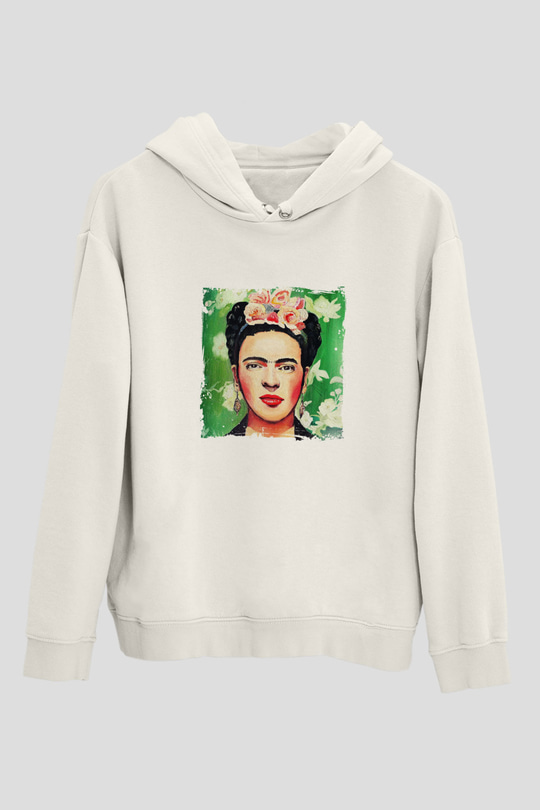 Frida Kahlo Unisex Baskılı Beyaz Kapüşonlu Sweatshirt