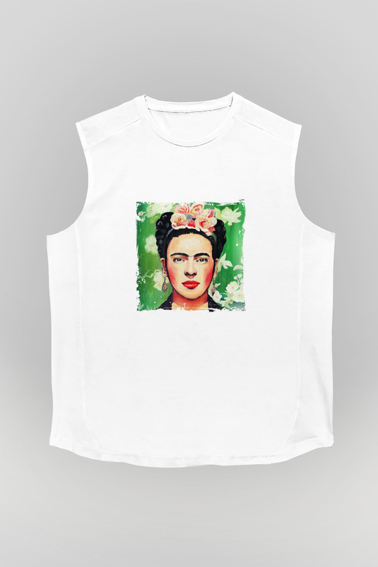 Frida Kahlo Unisex Baskılı Beyaz Kolsuz Tişört