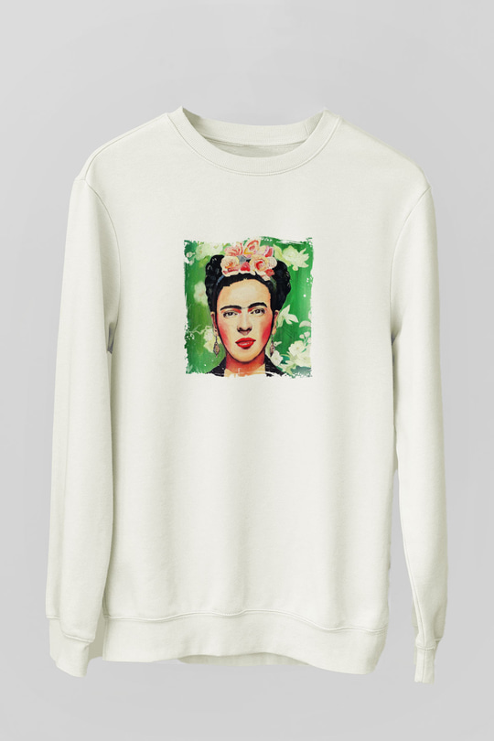 Frida Kahlo Unisex Baskılı Beyaz Sweatshirt