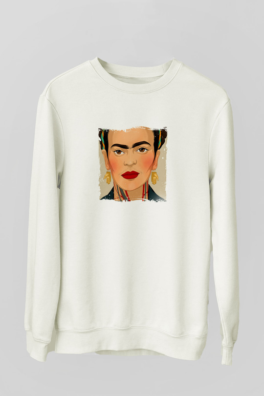 Frida Kahlo Unisex Baskılı Beyaz Sweatshirt