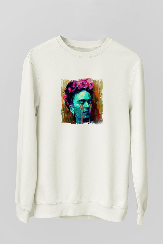 Frida Kahlo Unisex Baskılı Beyaz Sweatshirt