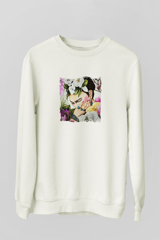 Frida Kahlo Unisex Baskılı Beyaz Sweatshirt
