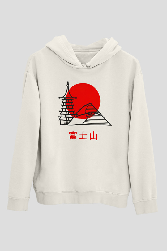 Fuji Dağı Beyaz Unisex Kapşonlu Sweatshirt