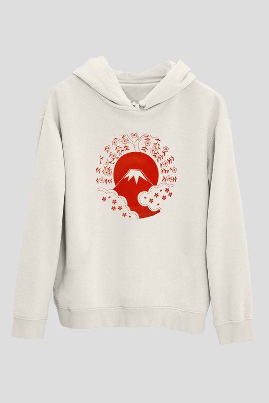 Fuji Dağı Beyaz Unisex Kapşonlu Sweatshirt