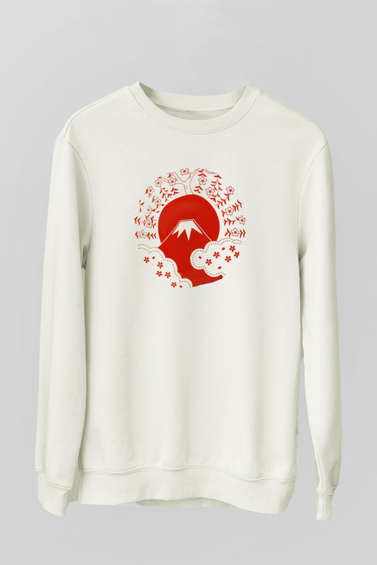 Fuji Dağı Beyaz Unisex Sweatshirt