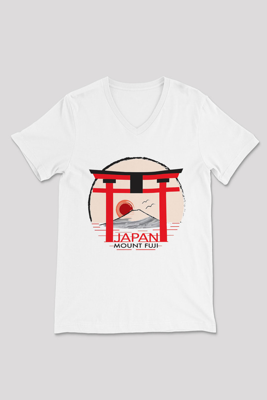 Fuji Dağı Beyaz Unisex V Yaka Tişört T-Shirt