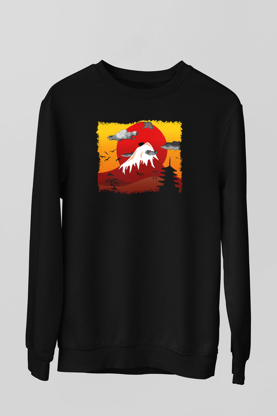 Fuji Dağı Siyah Unisex Sweatshirt