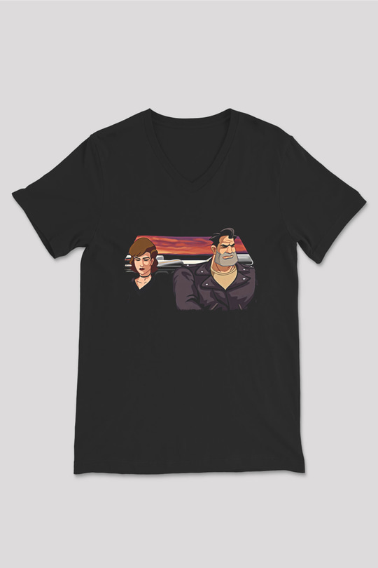 Full Throttle Baskılı Unisex Siyah V Yaka Tişört - Tshirt