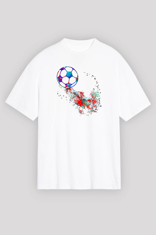 Futbol Baskılı Unisex Beyaz Oversize Tişört - Tshirt
