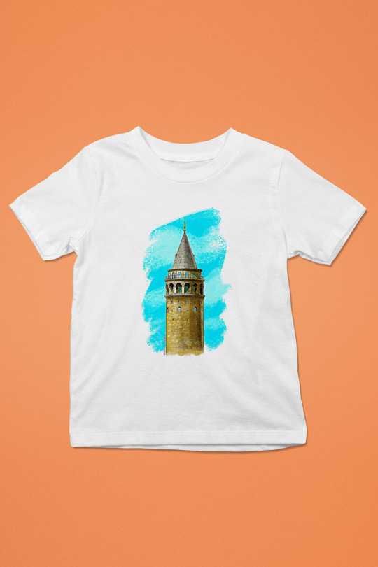 Galata Kulesi Baskılı Beyaz Unisex Beyaz Çocuk Tişört - Tshirt