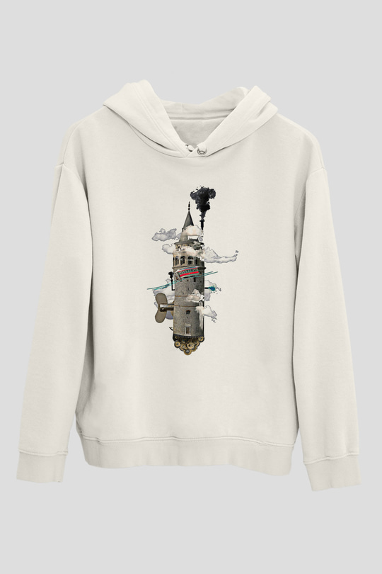 Galata Kulesi Baskılı Beyaz Unisex Hoodie