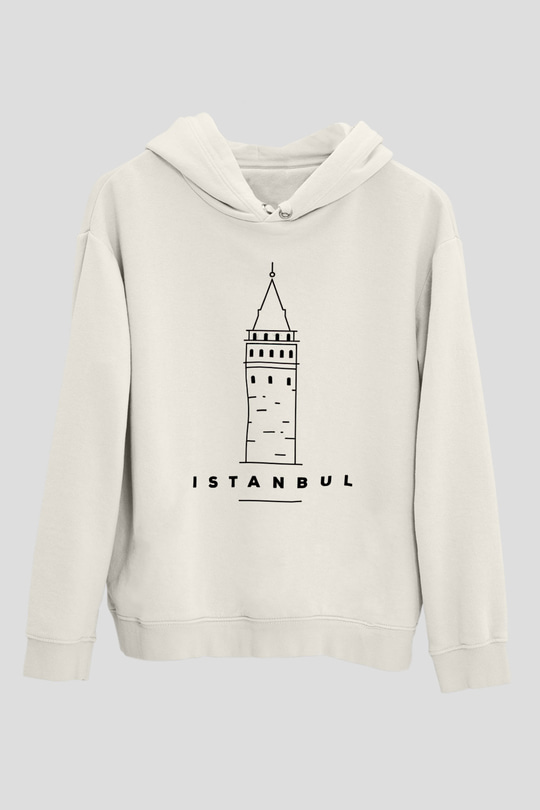 Galata Kulesi Baskılı Beyaz Unisex Hoodie