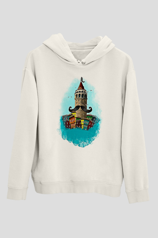 Galata Kulesi Baskılı Beyaz Unisex Hoodie
