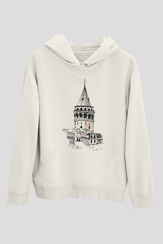 Galata Kulesi Baskılı Beyaz Unisex Hoodie
