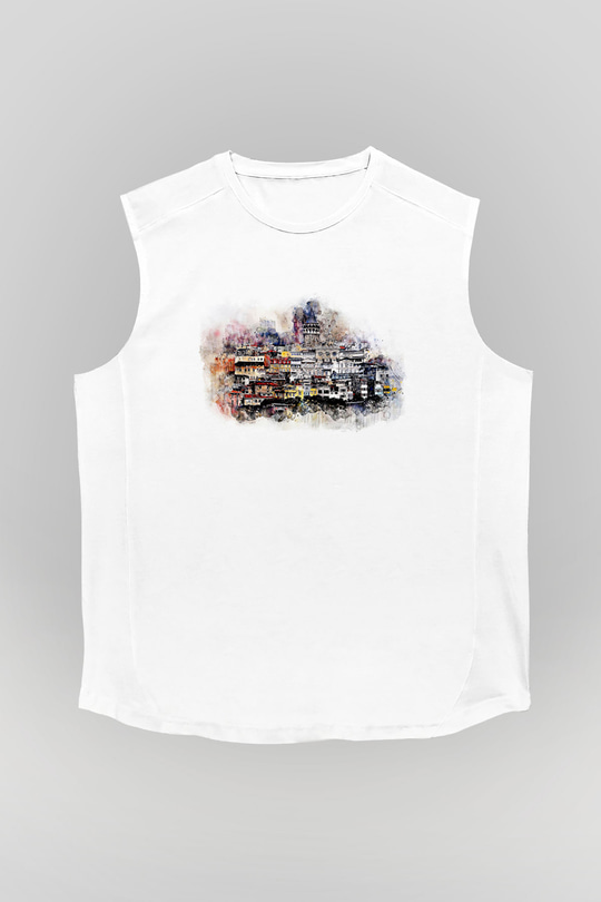 Galata Kulesi Baskılı Beyaz Unisex Kolsuz Tişört - Tshirt