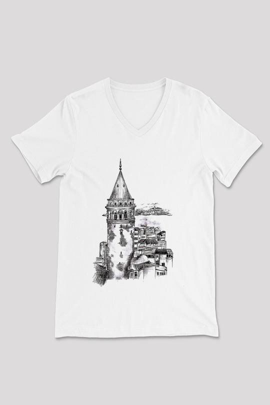 Galata Kulesi Baskılı Beyaz Unisex V Yaka Tişört - Tshirt