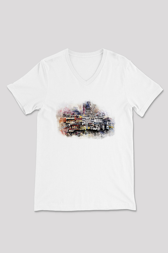 Galata Kulesi Baskılı Beyaz Unisex V Yaka Tişört - Tshirt