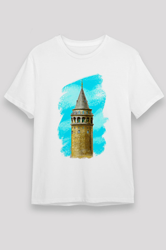 Galata Kulesi Unisex Baskılı Beyaz Tişört - Tshirt