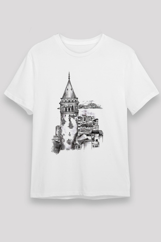 Galata Kulesi Unisex Baskılı Beyaz Tişört - Tshirt