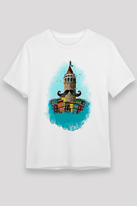 Galata Kulesi Unisex Baskılı Beyaz Tişört - Tshirt
