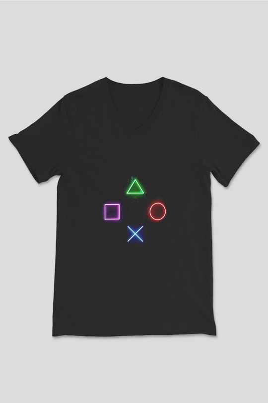 Game Temalı Baskılı Unisex Siyah  V Yaka Tişört