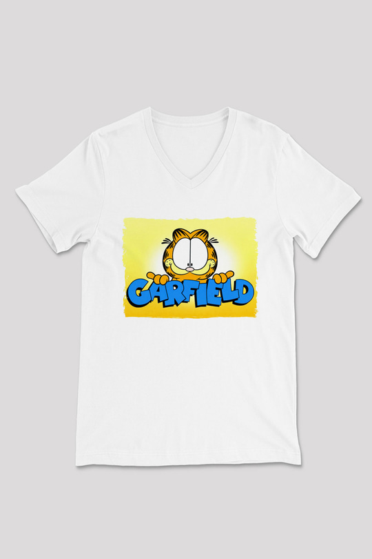 Garfield Beyaz Unisex  V Yaka Tişört