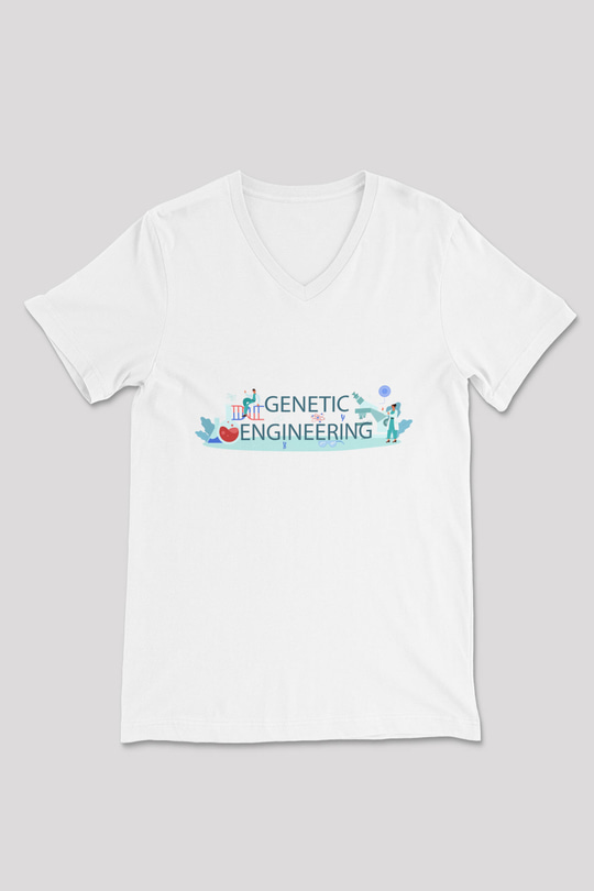 Genetik Mühendisliği Baskılı Unisex Beyaz V Yaka Tişört