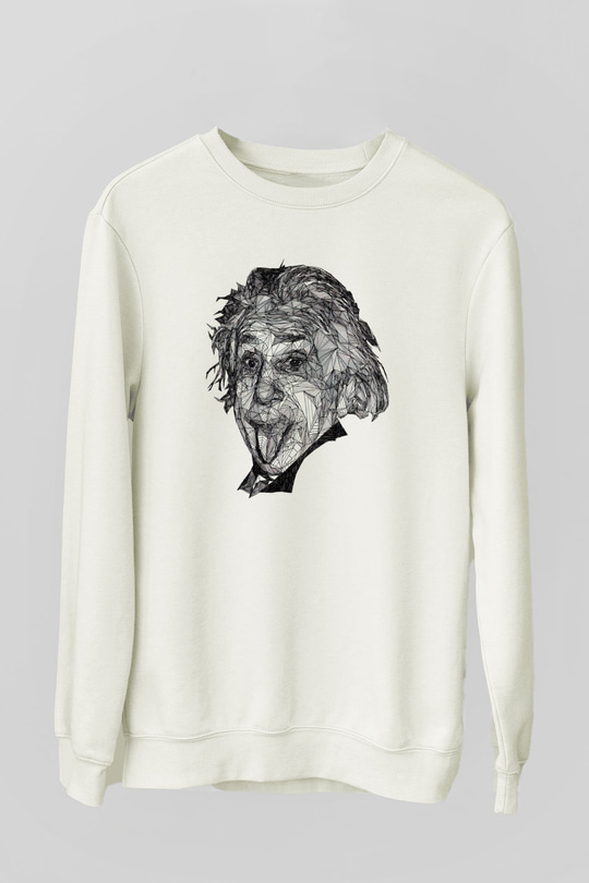 Geometrik Aibert Einstein Portesi Baskılı Unisex Beyaz Sweatshirt