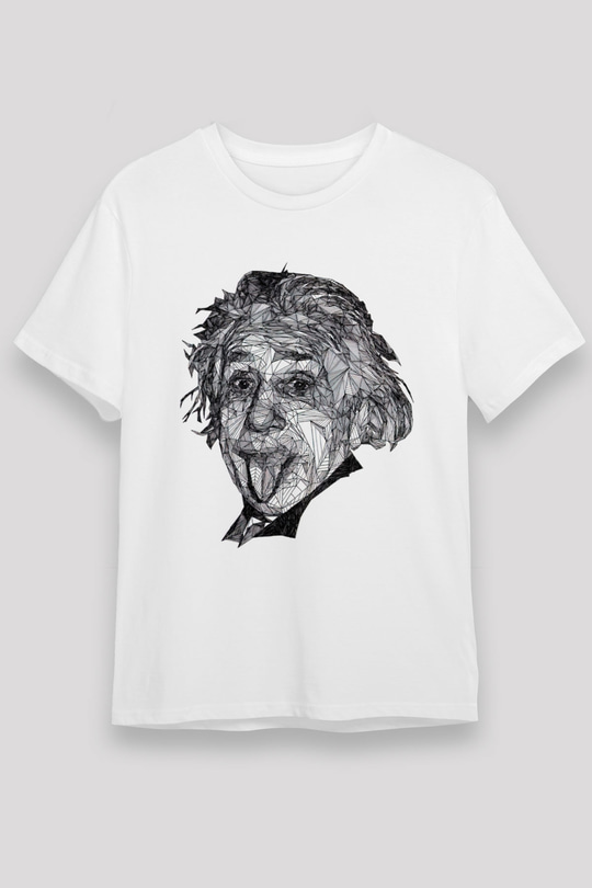 Geometrik Aibert Einstein Portesi Baskılı Unisex Beyaz Tişört