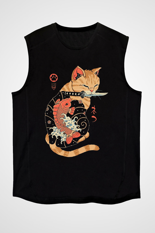 Geyşa Kedi Baskılı Unisex Siyah  Kolsuz Tişört