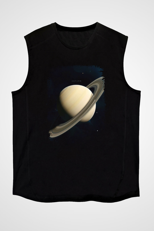 Gezegen Satürn Baskılı Unisex Kolsuz Siyah Tişört - Tshirt