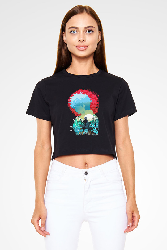 Gintama Baskılı Siyah Crop Top Kadın Tişört - Tshirt