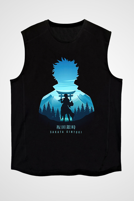 Gintama Baskılı Unisex Siyah Kolsuz Tişört - Tshirt