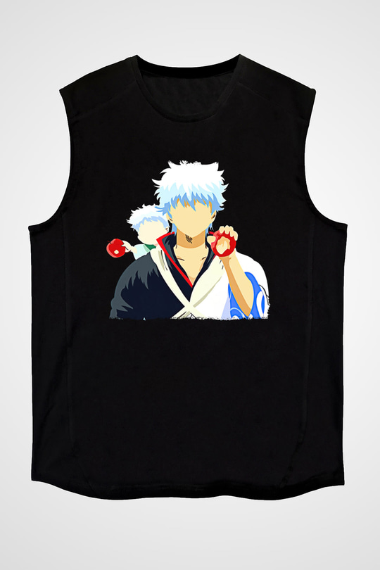 Gintama Baskılı Unisex Siyah Kolsuz Tişört - Tshirt