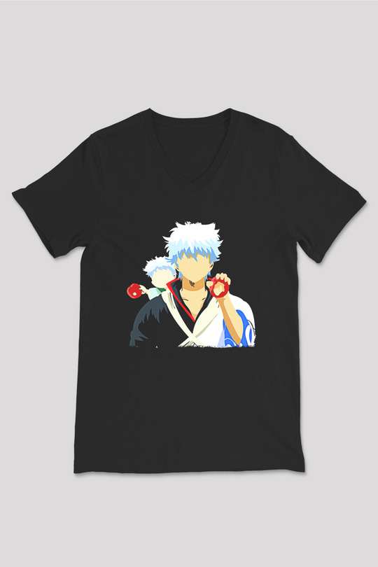 Gintama Baskılı Unisex Siyah V Yaka Tişört - Tshirt