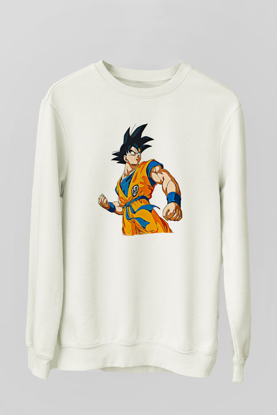 Goku Baskılı Beyaz Unisex Sweatshirt