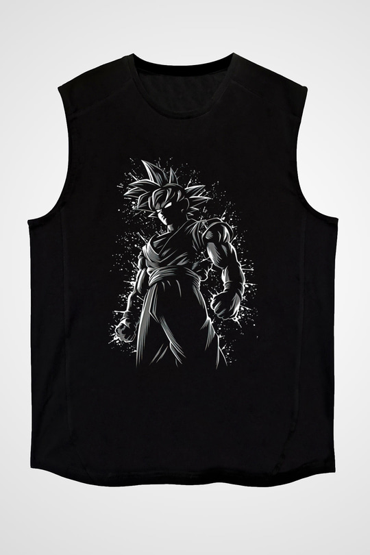 Goku Baskılı Unisex Siyah Kolsuz Tişört - Tshirt